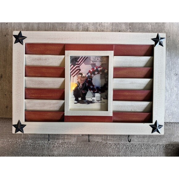 VTG WALL HANGING AMERICAN FLAG PICTURE FRAME KEY HOLDER STARS & STRIPES RUSTIC - Picture 10 of 12